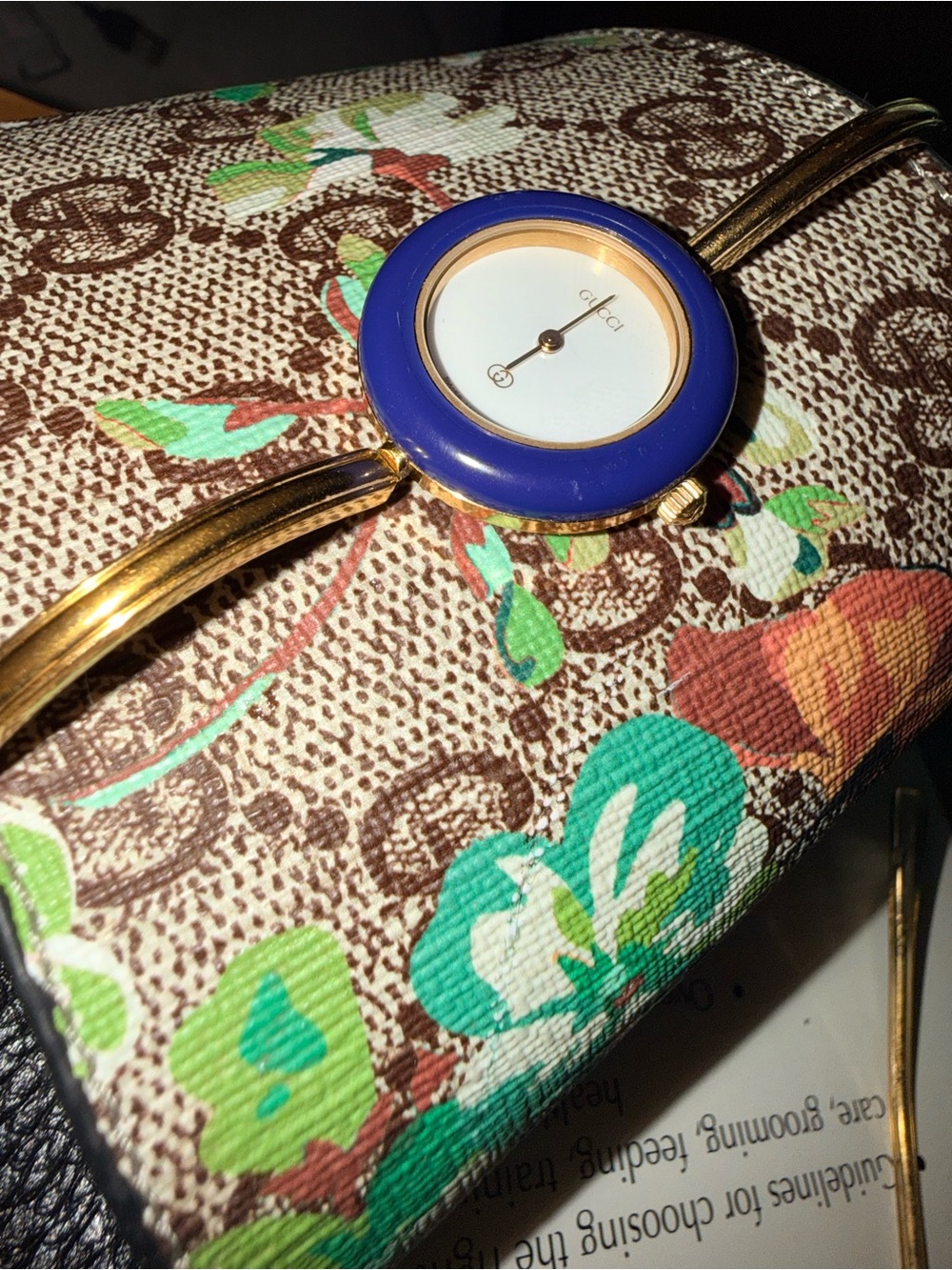 Vintage Gucci Women's Blue Accent Gold-Tone Bracelet Watch 🧿